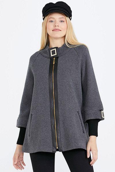 Sementa Women's Knitwear Jacket with Buckle Detail and Zipper - Dark Gray - Black