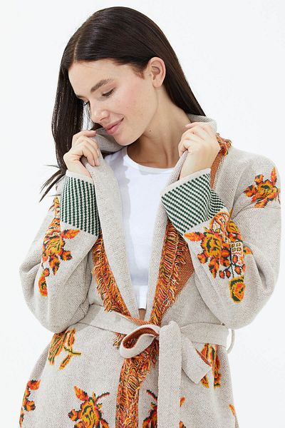Sementa Cardigan de tricotaj cu curea, cu guler șal, cu ciucuri, trandafiri - bej