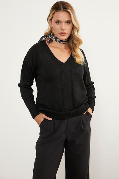 Sementa Pulover tricotat cu decolteu în V cu detaliu tricot de păr - negru