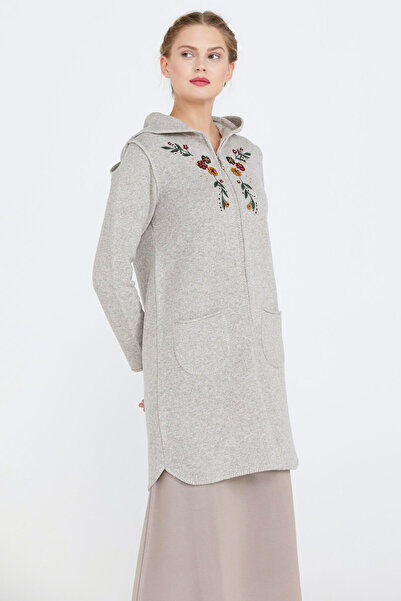 Sementa Γυναικείο Πλεκτό Παλτό με Κέντημα με Κουκούλα - Mink