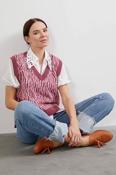 Sementa V-Neck Patterned Knitwear Sweater - Rose