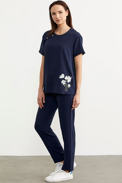 Sementa Double Crepe Set with Print Detail - Navy Blue