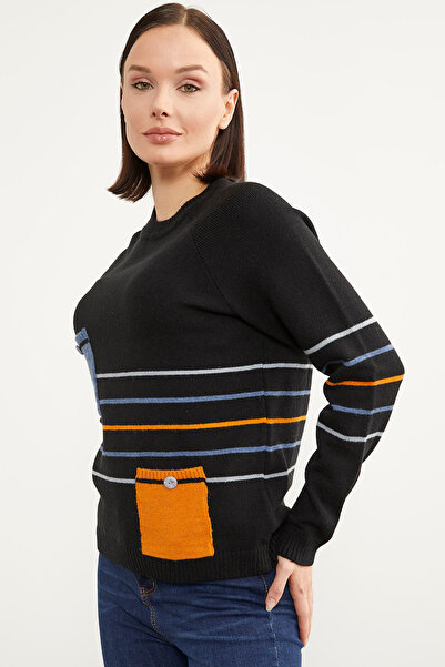 Sementa Color Striped Knitwear Sweater with Block Pockets - Black