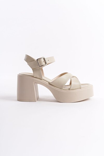 Limeo Cream High Side Buckle Cross Striped Open Front Skin Summer Women's Wedge Sole Sandals Shoes