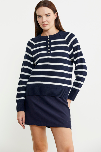 Sementa Navy Blue Striped Wool Knitwear Sweater - Collar Buttoned
