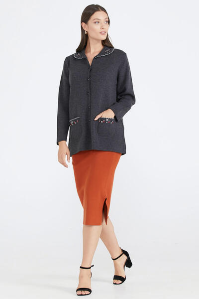 Sementa Women's Polo Collar Pocket Embroidered Knitwear Jacket - Anthracite