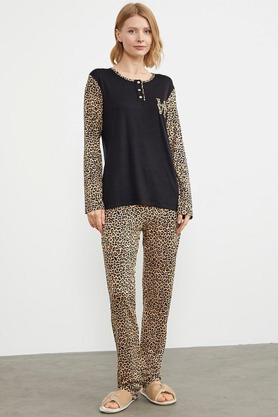 Sementa Set pijama cu guler cu nasturi leopard - negru