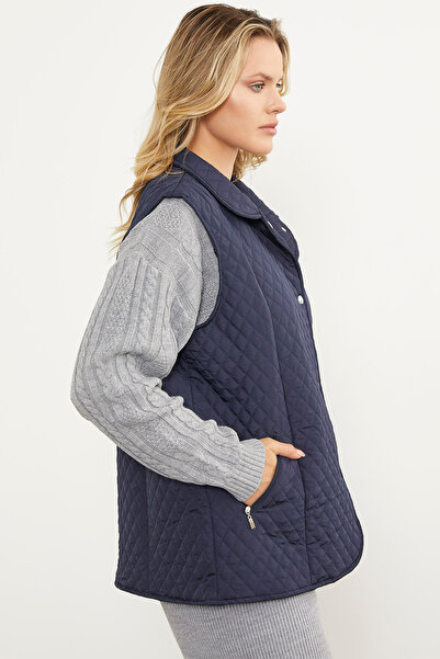 Sementa Quilted Vest with Snap Fastener Zipper Pocket - Navy Blue