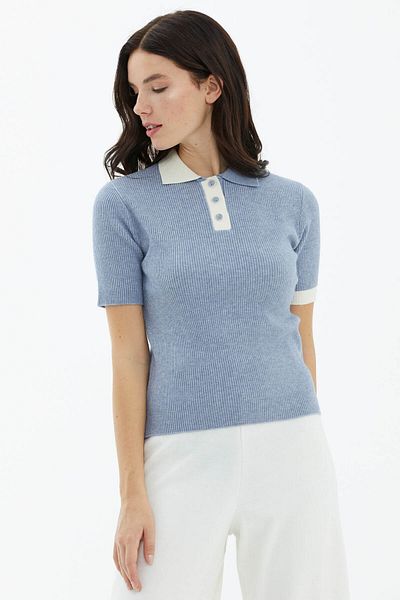 Sementa Pulover din tricot cu mânecă scurtă, cu guler polo, cu nasturi - Albastru
