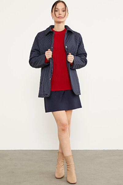 Sementa Snap Fastener Shirt Collar Quilted Coat - Navy Blue