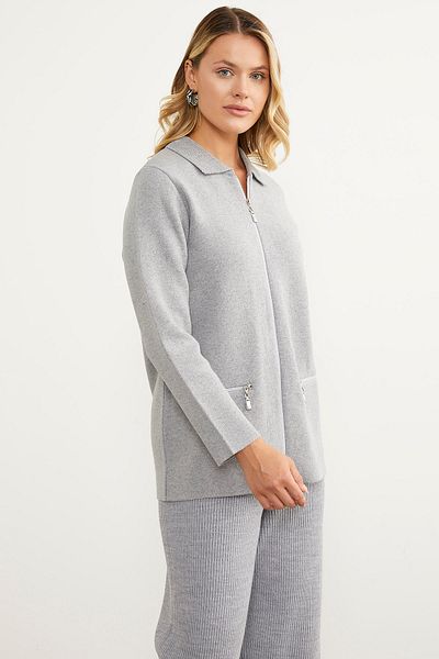 Sementa Pocketed Shirt Collar Zippered Knitwear Cardigan - Light Gray