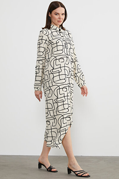 Sementa Geometric Patterned Shirt Collar Dress - Ecru