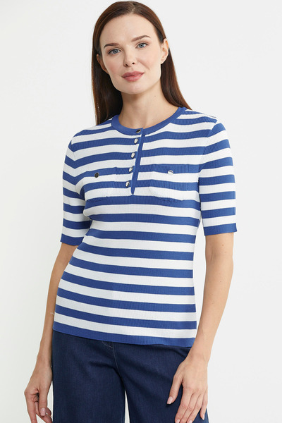 Sementa Düğme Detaylı Çizgili Triko Kazak - Mavi