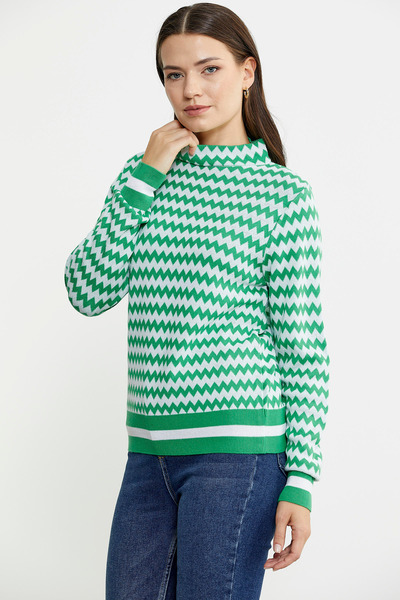 Sementa Green Double Color Houndstooth Patterned Knitwear Sweater