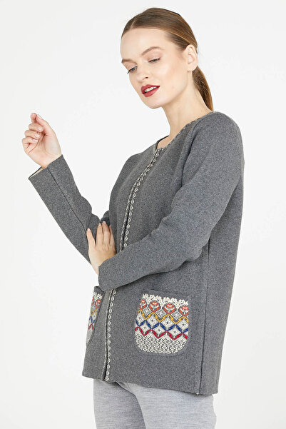 Sementa Γυναικείο Πλεκτό Μπουφάν με Τσέπη με φερμουάρ - Σκούρο Γκρι - Κρέμα