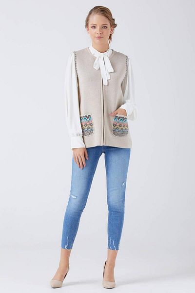 Sementa Beige Anthracite Women's Knitwear Vest - Pockets and Zipper