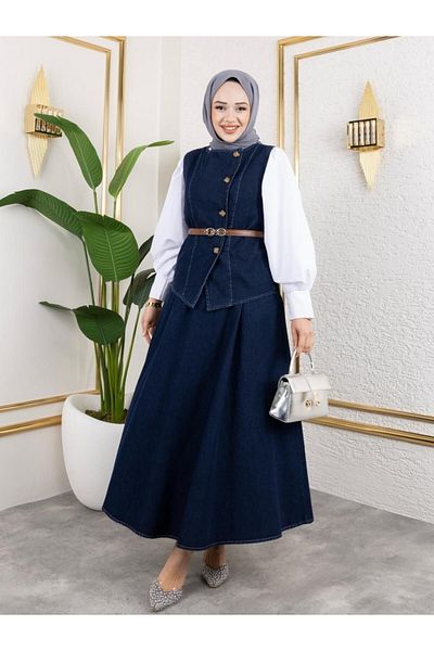 Modamorfo Cross Buttoned Belted Vest Skirt Denim Suit -K.Laci