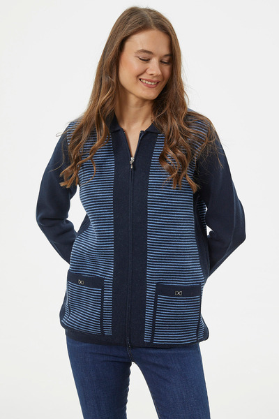 Sementa Thick Zippered Pocket Detailed Knitwear Cardigan - Navy Blue