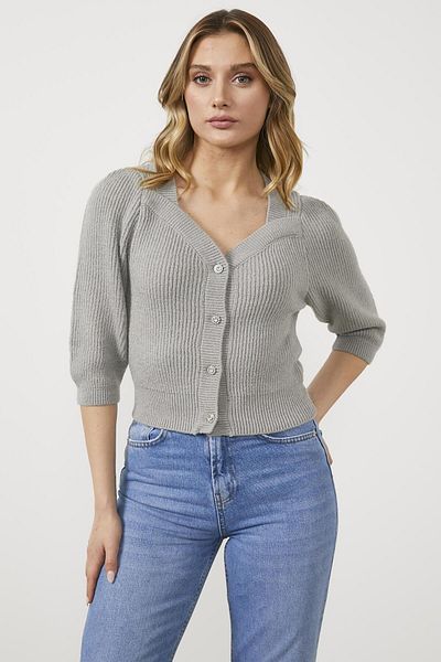 Sementa Square V-Neck Buttoned Capri Sleeve Knitwear Cardigan - Light Gray