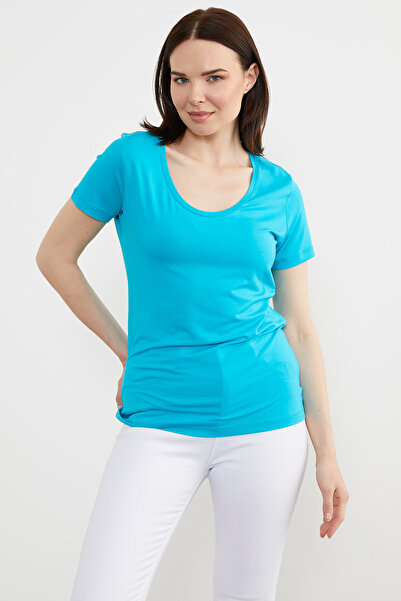 Sementa Μπλουζάκι με ανοιχτό γιακά από χτενισμένο βαμβακερό - Τυρκουάζ