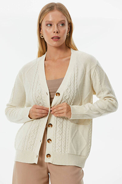 Sementa Düğmeli Saç Örgülü Triko Hırka - Kemik