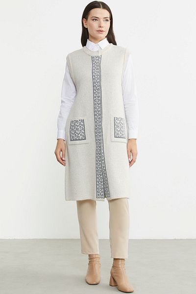 Sementa Beige Long Knitwear Vest - Snap Fastener