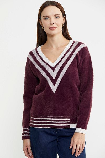 Sementa Pulover combinat de tricotaje de culoare burgundy cu decolteu în V
