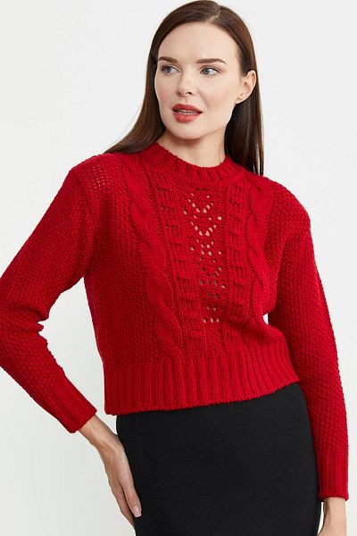 Sementa Pulover Tricotat Lână Crop Roșu - Motiv Tricotat Păr