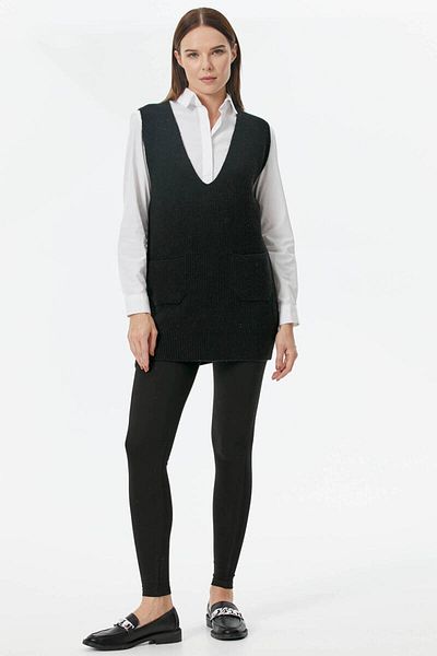 Sementa Deep V-Neck Long Knitwear Sweater with Pockets - Black