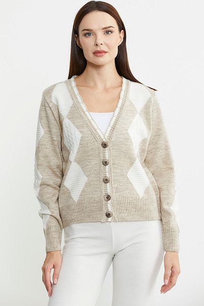 Sementa Cardigan din lână de culoare dublă cu model diamantat bej