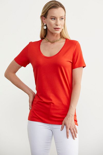Sementa Tricou din bumbac pieptănat fluid, cu guler deschis, color coral