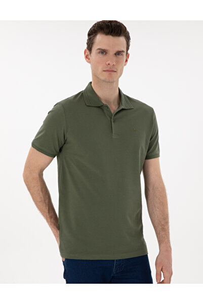 Pierre Cardin Khaki Regular Fit 100% Cotton Polo Neck Basic T-Shirt 50306449-Vr027