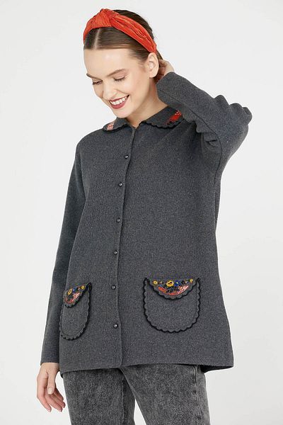 Sementa Baby Collar Embroidered Women's Knitwear Jacket - Dark Gray