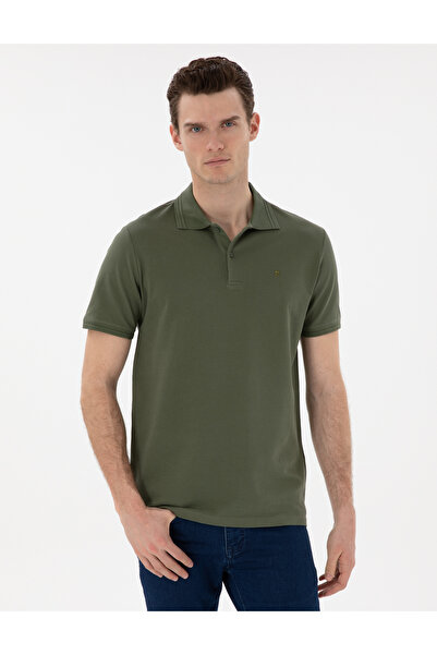 Pierre Cardin Khaki Regular Fit 100% Cotton Polo Neck Basic T-Shirt 50306449-Vr027
