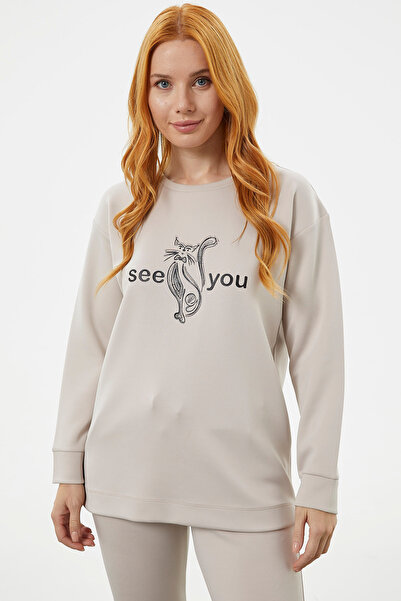 Sementa Baskılı Sıfır Yaka Oversize Eşofman Takım - Bej