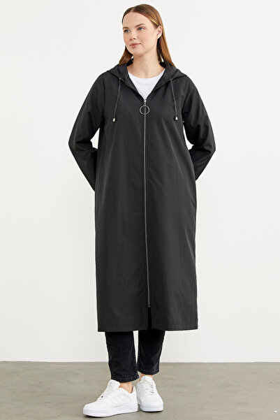 Sementa Büyük Beden Kapüşonlu Fermuarlı Uzun Trençkot - Siyah
