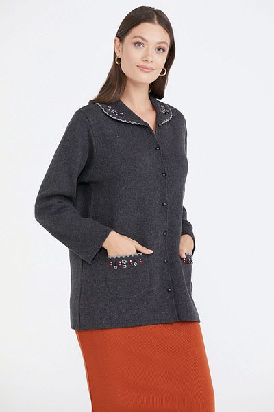 Sementa Women's Polo Collar Pocket Embroidered Knitwear Jacket - Anthracite