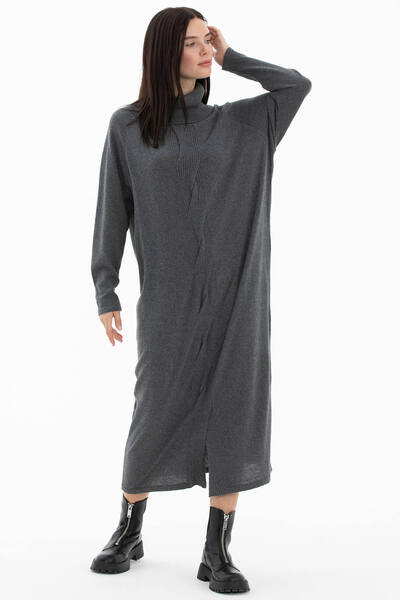 Sementa Degaje Yaka Önü Saç Örgülü Triko Elbise - Koyu Gri
