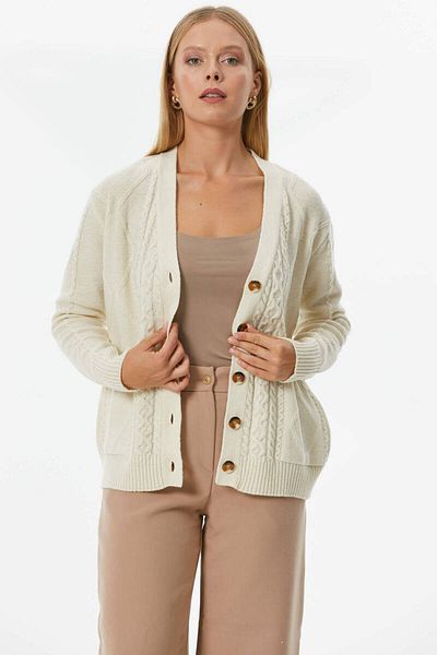 Sementa Buttoned Hair Braided Knitwear Cardigan - Bone