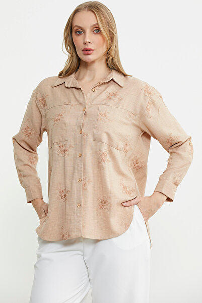 Sementa Çiçek Nakış Detaylı Cepli Gömlek - Bej