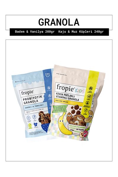 FROPİE Fropie Almond Vanilla and Kids Cashew Banana Cubes Granola Package