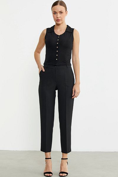 Sementa Ankle Length Fabric Trousers with Pockets - Black