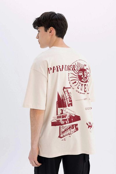 DeFacto C4087 Μπεζ Oversize Φαρδύ μπλουζάκι με κοντό μανίκι με στάμπα στην πλάτη