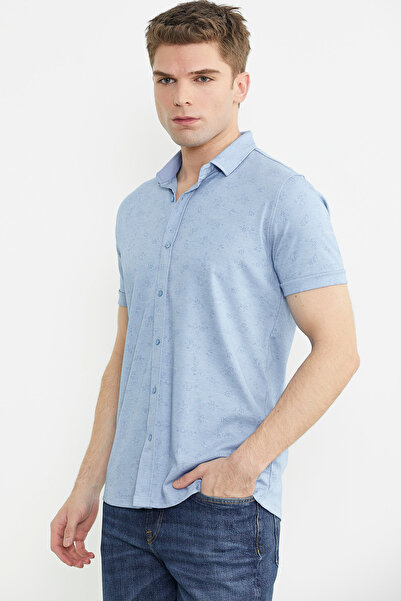 Sementa Μπλε Slim Fit εμπριμέ χτενισμένο βαμβακερό πουκάμισο