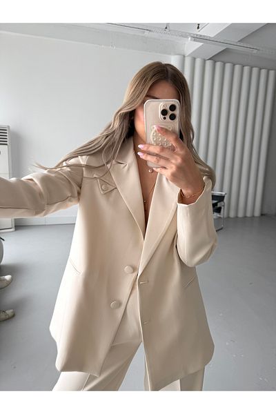 HOEK Women's Cream Button Detail Blazer Jacket Pants Suit