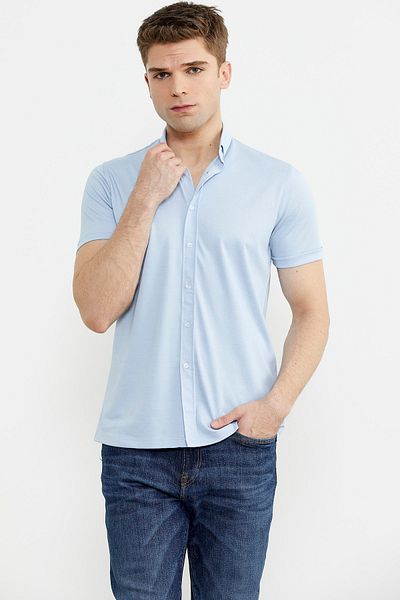 Sementa Short Sleeve Slim Fit Combed Cotton Shirt - Light Blue