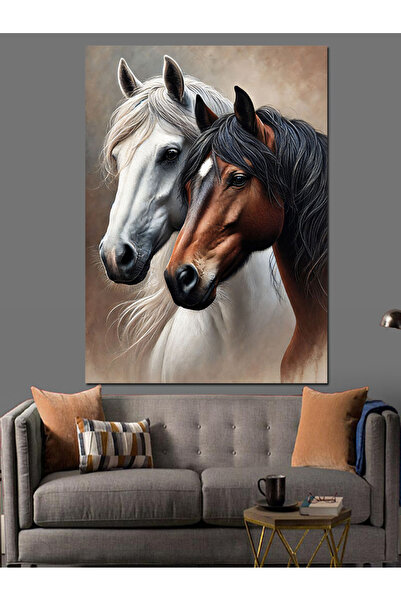 KanvasSepeti Портрет на бял и черен кон Маслена живопис Текстурирана високока...