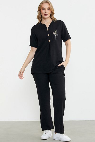 Sementa Zero Collar Buttoned Viscose Suit - Black