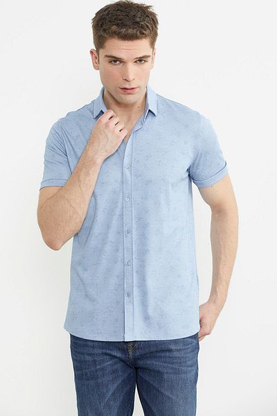 Sementa Μπλε Slim Fit εμπριμέ χτενισμένο βαμβακερό πουκάμισο