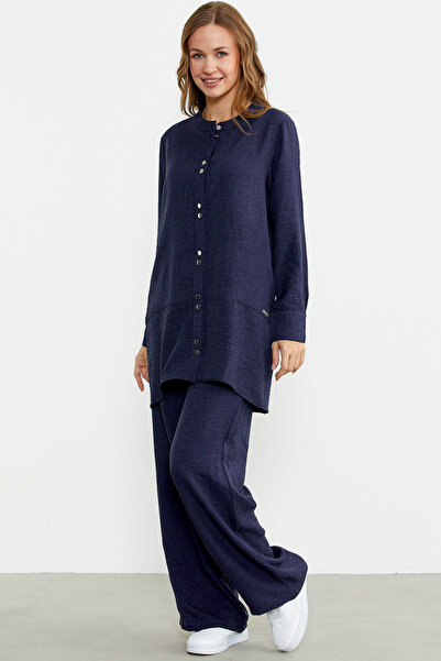 Sementa Navy Blue Linen Look Shirt Pants Set